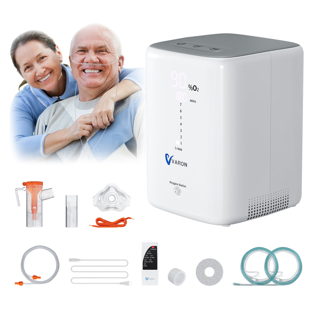 VARON VH-3 kotikäyttöinen happikonsentraattori | 1–7 l/min mukava hoito, CE-hyväksytty