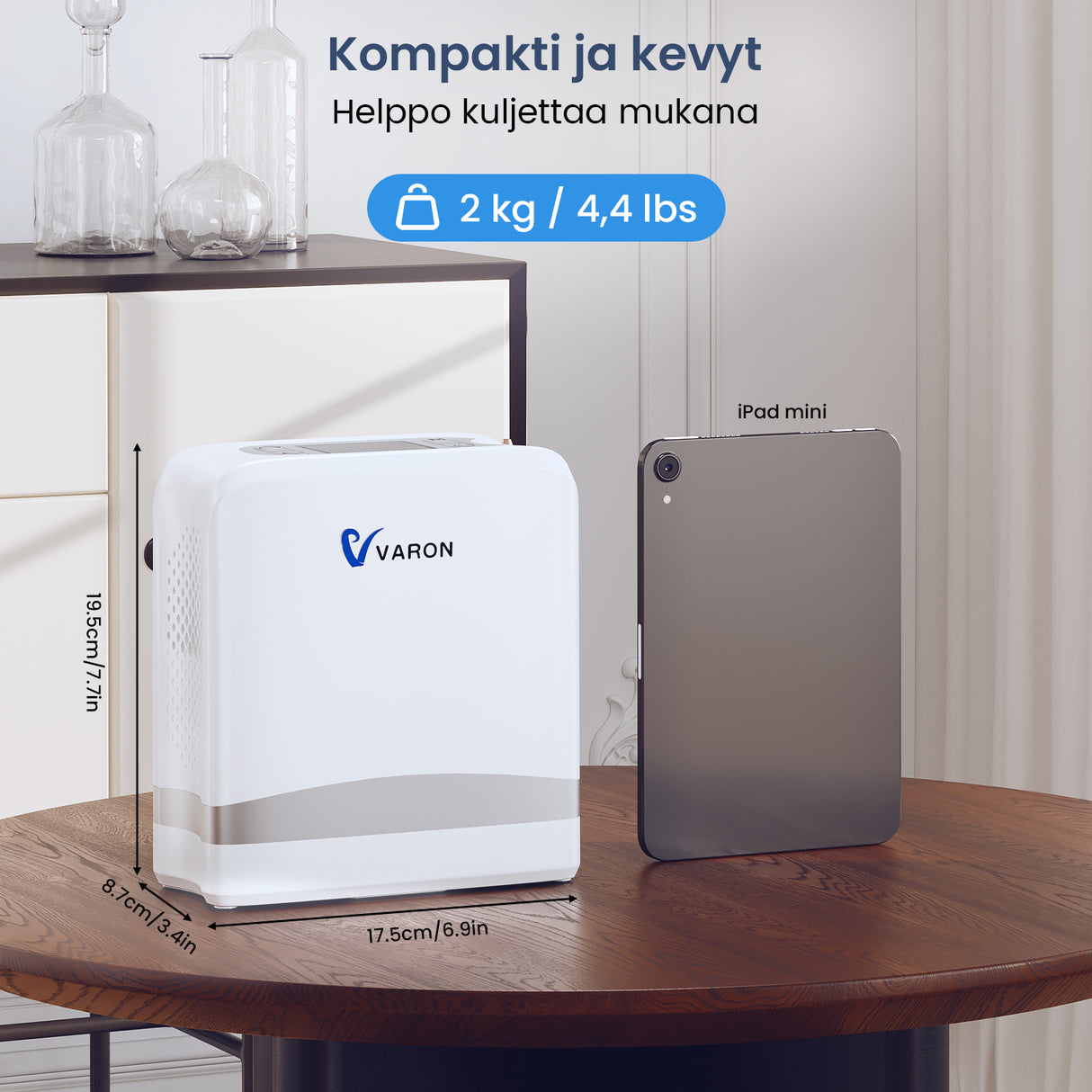 VARON VP-8 Lite kannettava happirikastin – 2 kg, pulssihappi 1–7 tasoa, kotiin ja matkalle