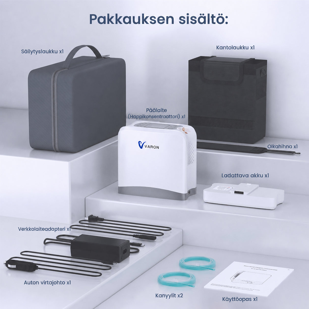 VARON VP-8 Lite kannettava happirikastin – 2 kg, pulssihappi 1–7 tasoa, kotiin ja matkalle