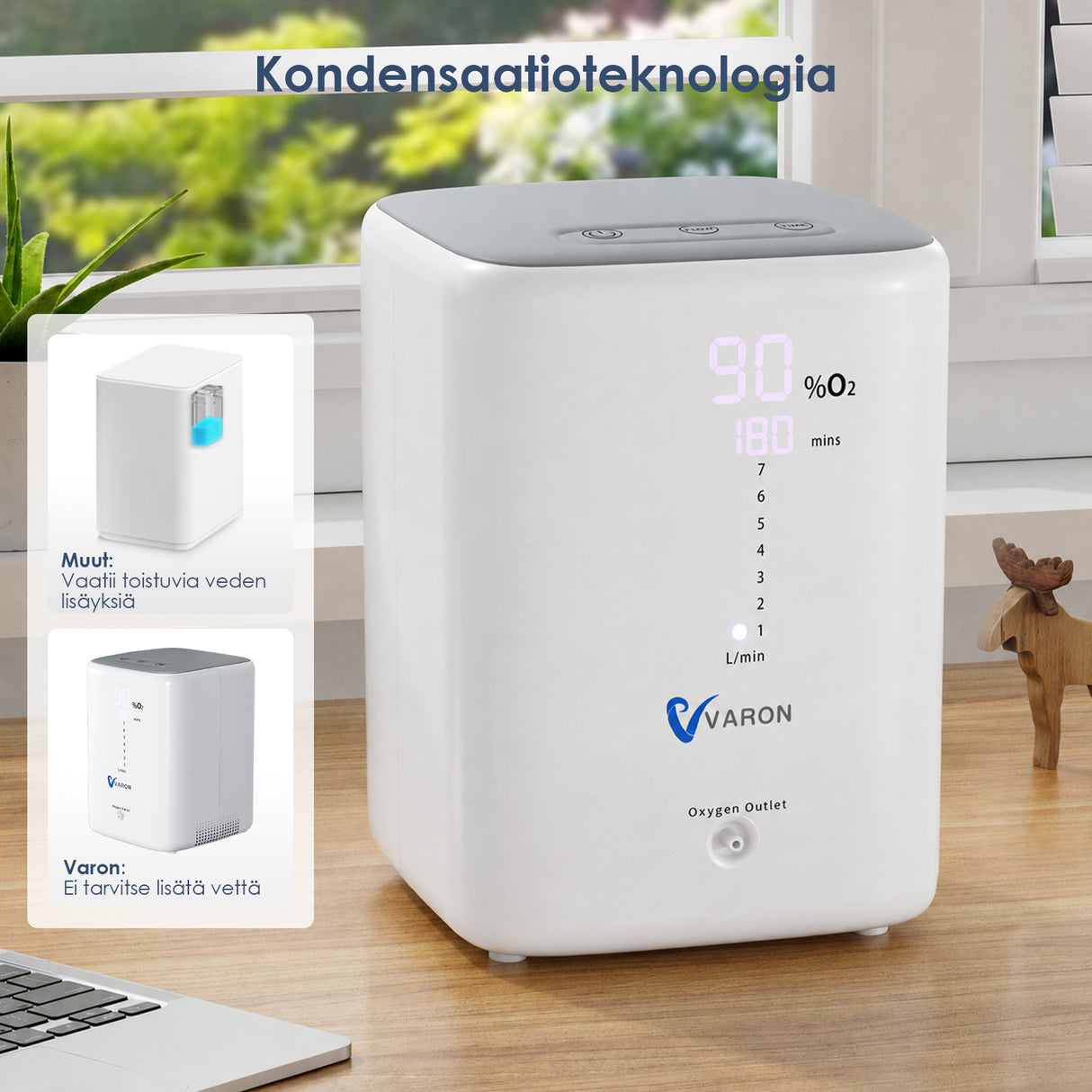 VARON VH-3 | Vakaa ja hiljainen happirikastin 1–7 L/min – Täydellinen kotihoitoon