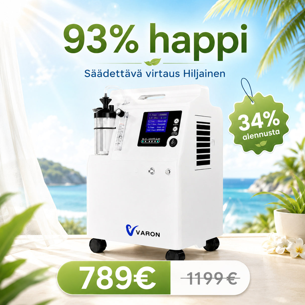 VARON Serene 5 | Tyylikäs ja hiljainen kotihappirikastin – Tehokasta happihoitoa kauniissa paketissa