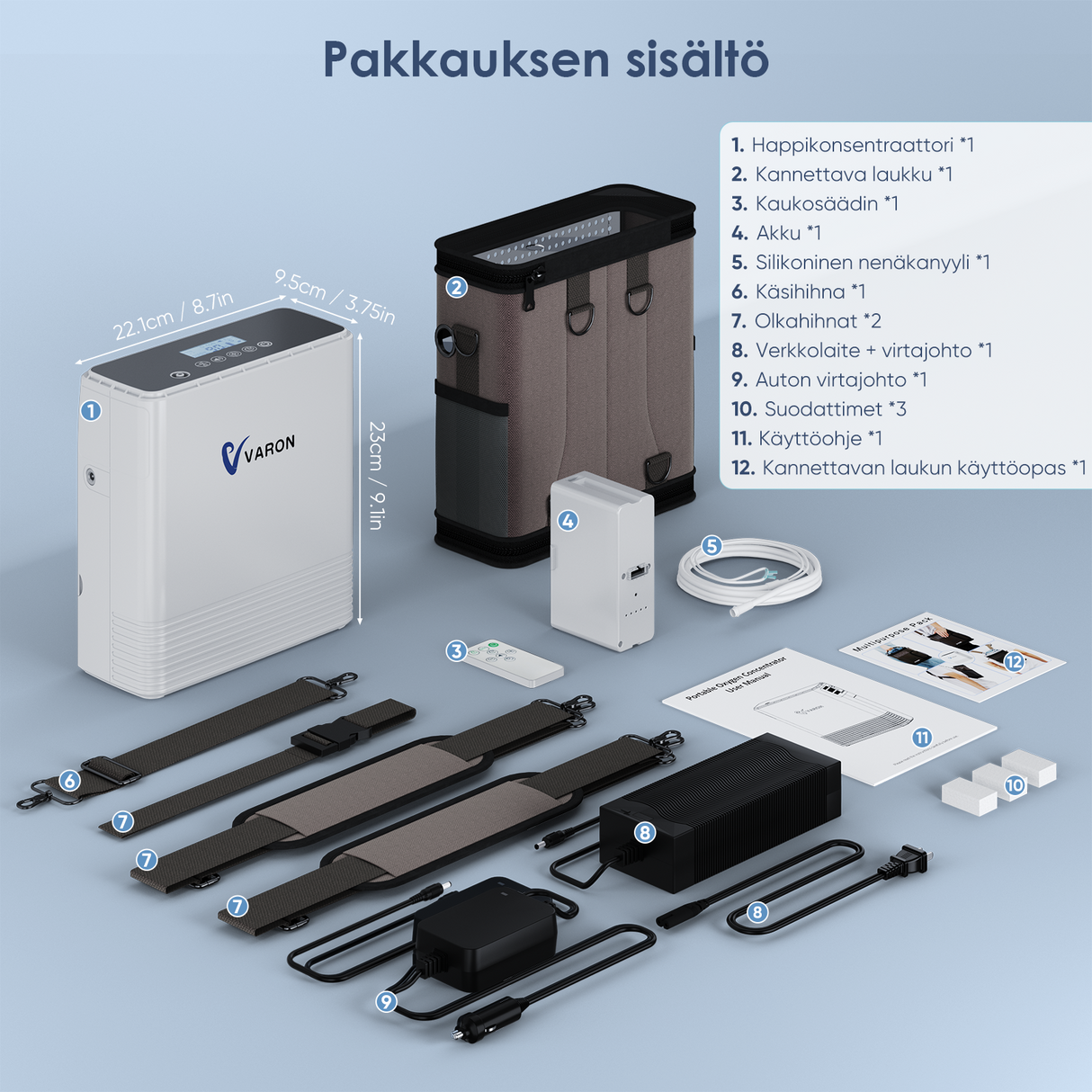 VARON VP-6 jatkuvatoiminen kannettava happikonsentraattori | 1–6 l/min virtaus, CE-hyväksytty