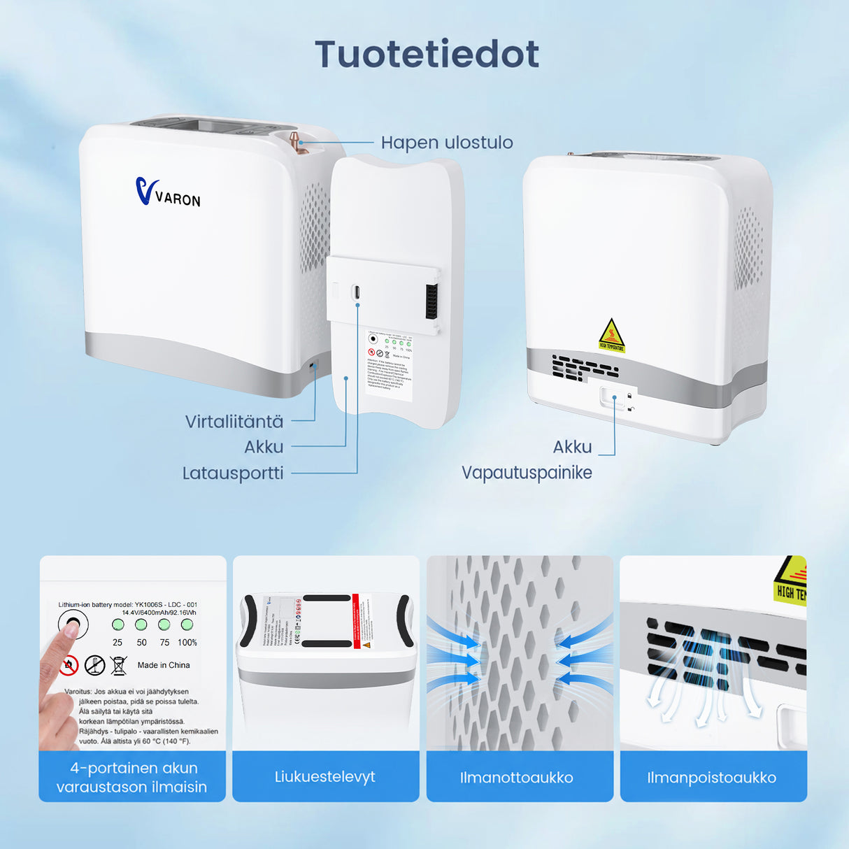 VARON VP-8 Lite kannettava happirikastin – 2 kg, pulssihappi 1–7 tasoa, kotiin ja matkalle