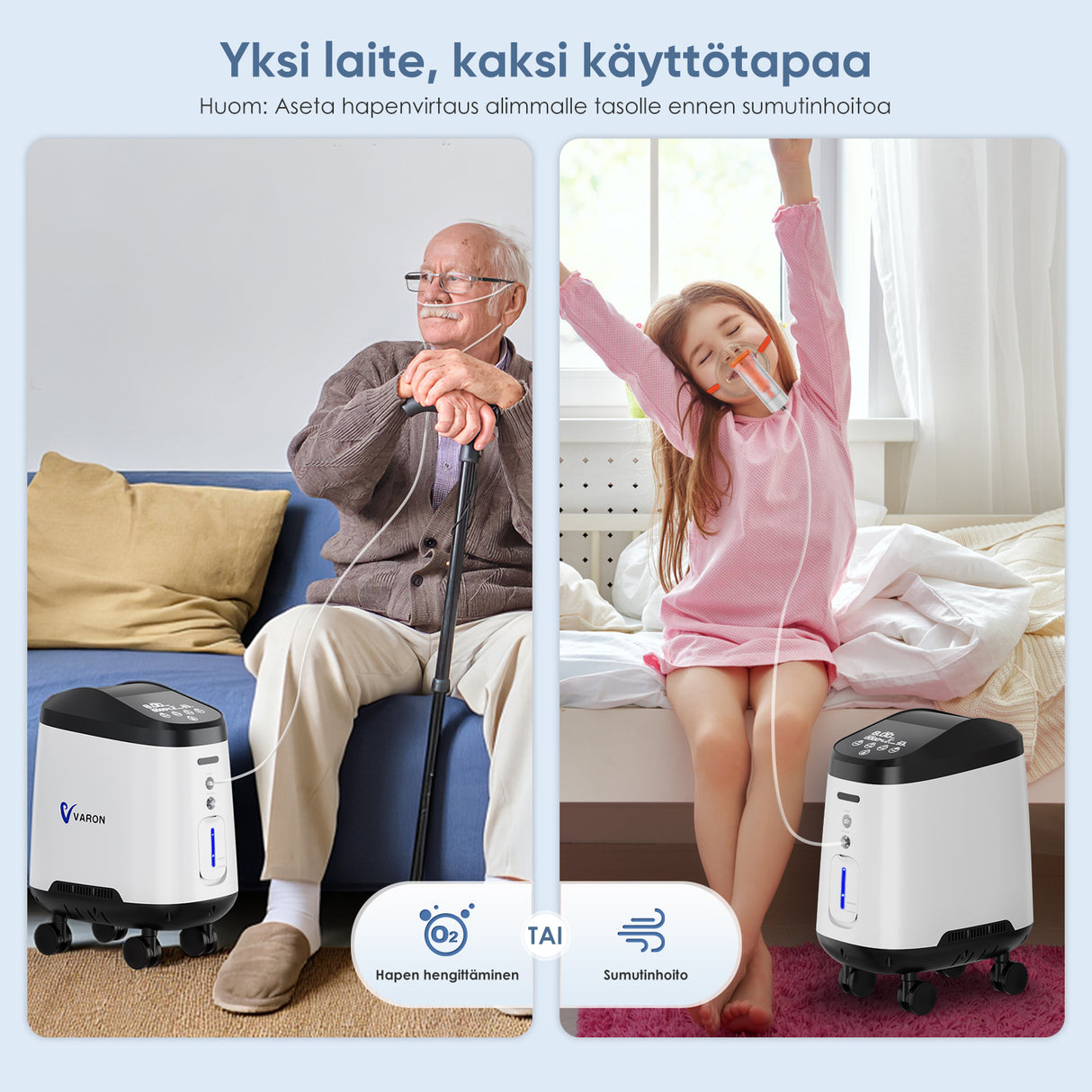VARON kotikäyttöinen happikonsentraattori VH-2 pro | 1–9 l/min säädettävä, 24 tunnin käyttö, CE-hyväksytty