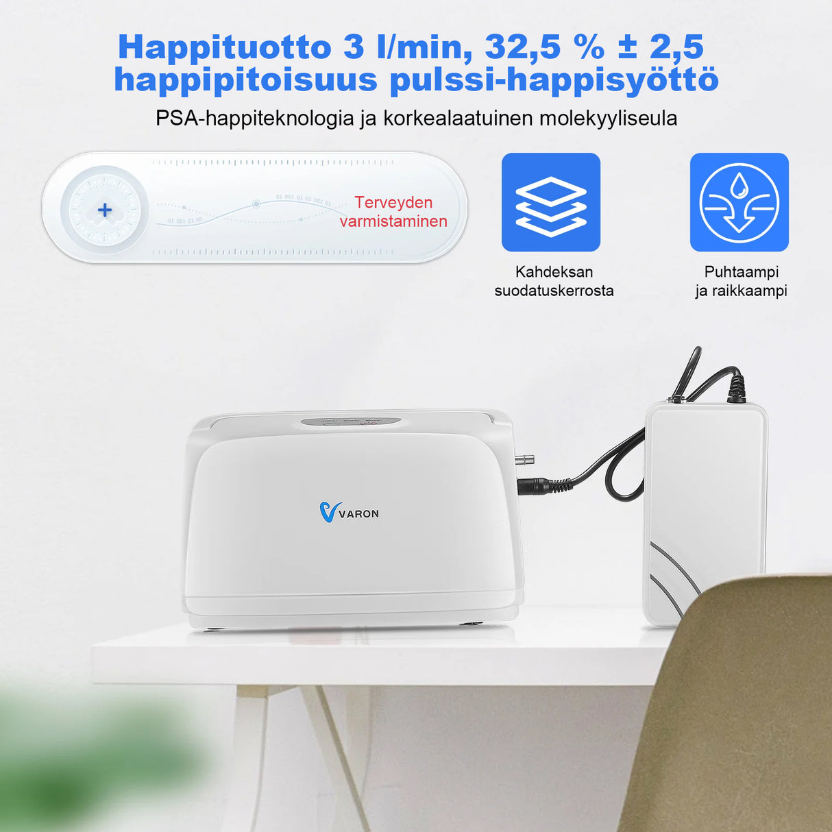 VARON VL-1 -happikonsentraattori | Ihanteellinen liikkuvuuteen, CE-sertifioitu