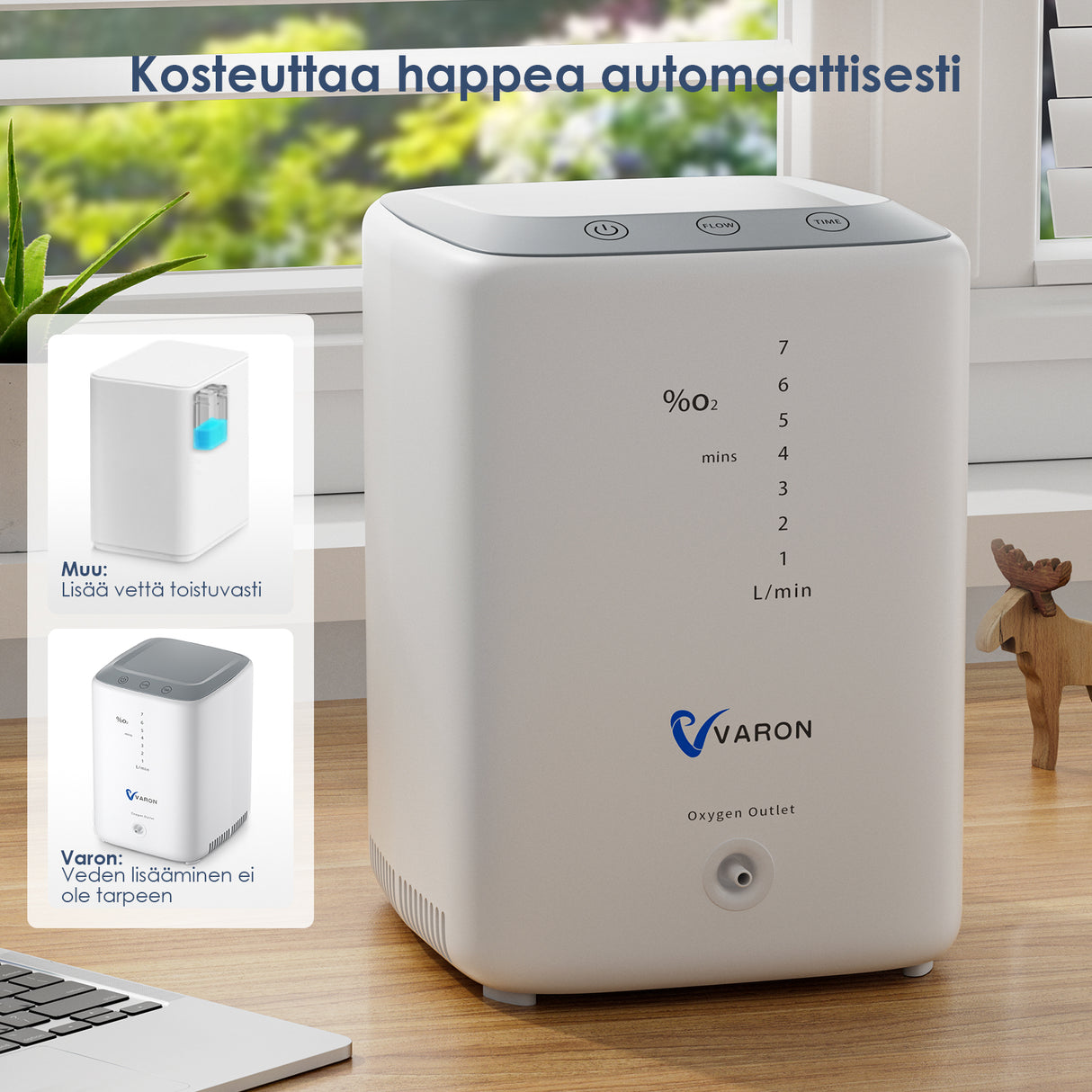 VARON VH-3 kotikäyttöinen happikonsentraattori | 1–7 l/min mukava hoito, CE-hyväksytty