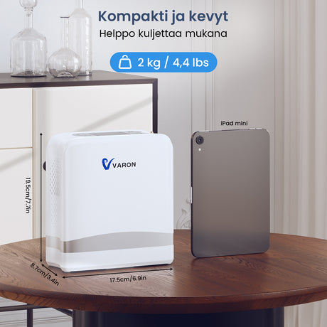 VARON VP-8 Lite kannettava happirikastin – 2 kg, pulssihappi 1–7 tasoa, kotiin ja matkalle