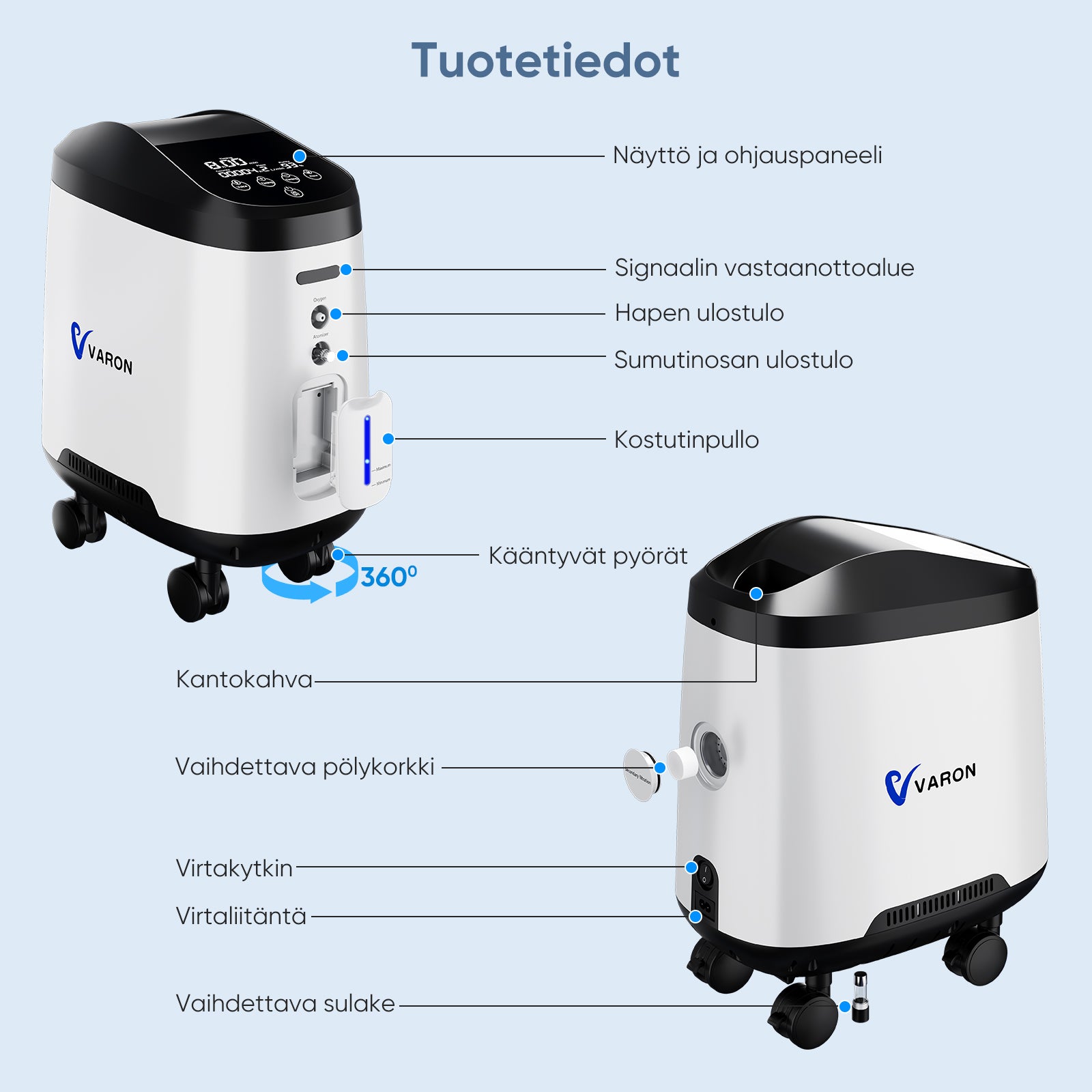 VARON syrgaskoncentrator för hemmabruk VH-2 pro | justerbar 1–9 l/min, 24-timmars drift, CE-godkänd
