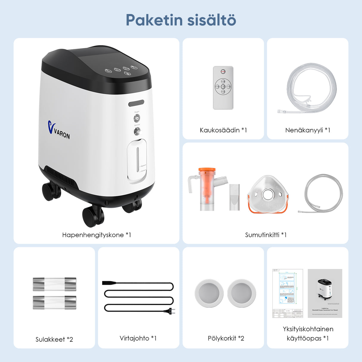 VARON VH-2 PRO kotikäyttöinen happikonsentraattori | 1–9 l/min säädettävä, 24 tunnin käyttö, CE-hyväksytty