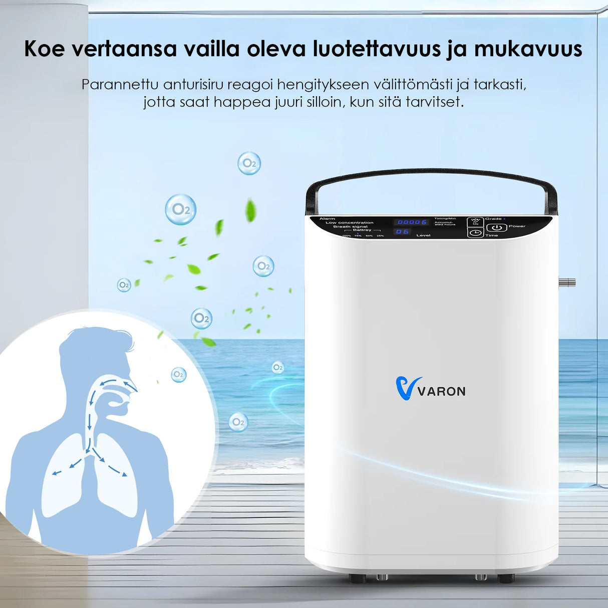 VARON VP-1 Pulse kannettava happikonsentraattori | 24 tunnin käyttö, CE-hyväksytty