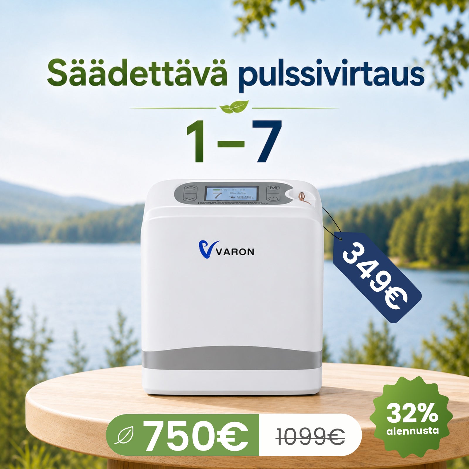 VARON VP-8 Lite kannettava happirikastin – 2 kg, pulssihappi 1–7 tasoa, kotiin ja matkalle