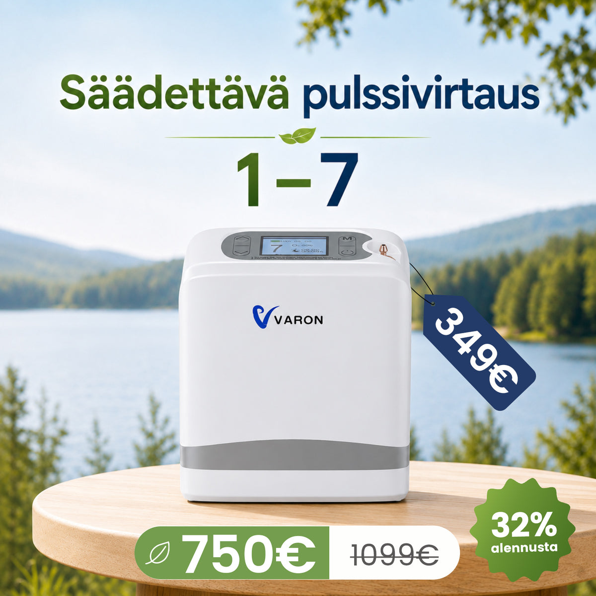 VARON VP-8 Lite kannettava happirikastin – 2 kg, pulssihappi 1–7 tasoa, kotiin ja matkalle