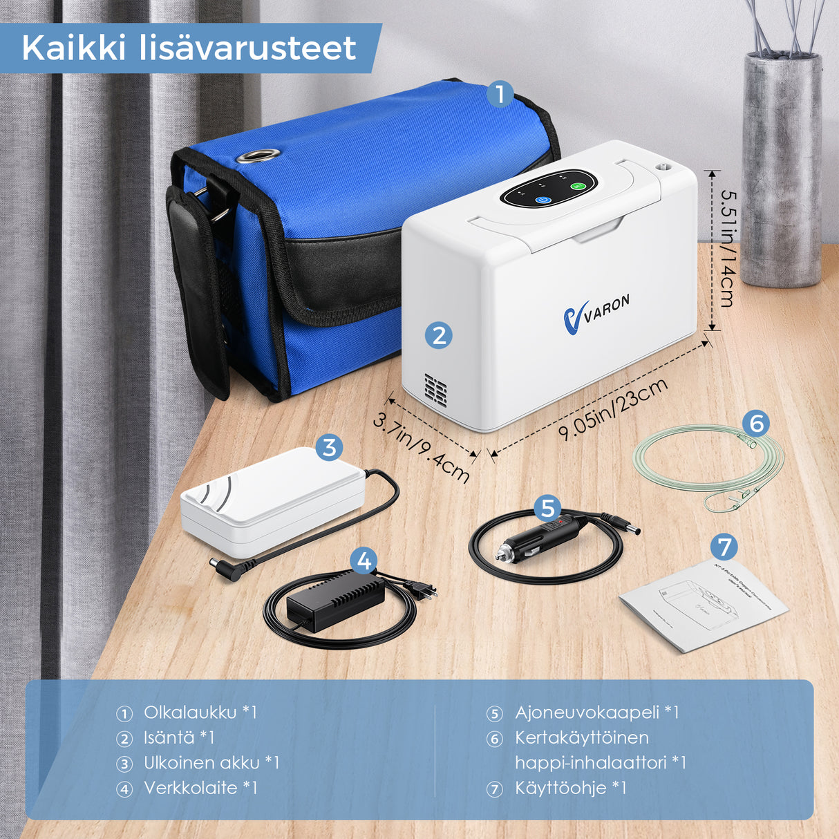 VARON VL-2 Light 3 l/min jatkuvatoiminen kannettava happikonsentraattori, CE-hyväksytty