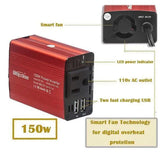 150 W:n auton invertteri, kaksi USB 3.1 A -liitäntää, 12 V – 110 V/220 V -muunnin