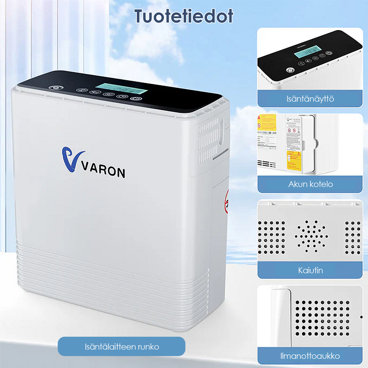 VARON VP-6 jatkuvatoiminen kannettava happikonsentraattori | 1–6 l/min virtaus, CE-hyväksytty