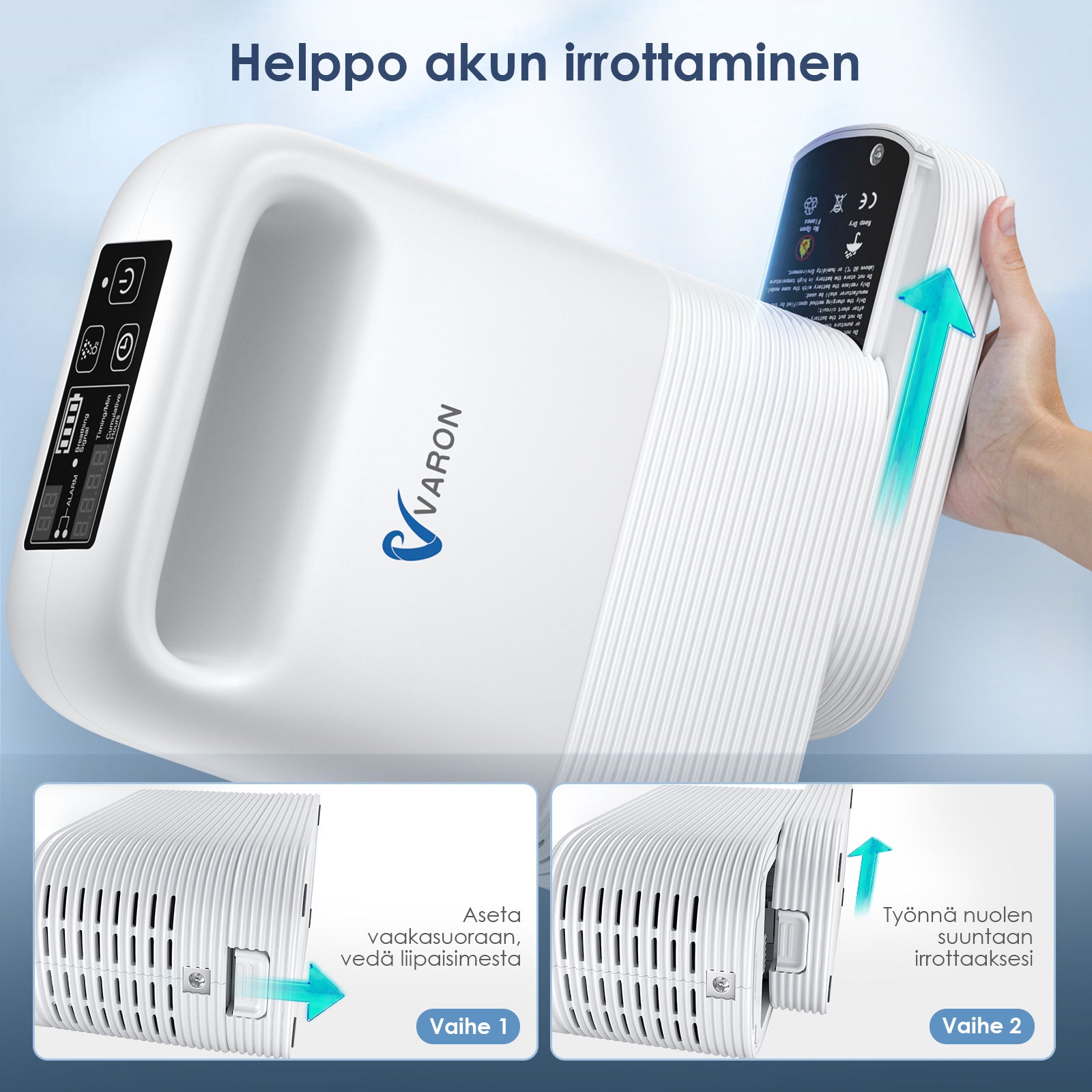 VARON Bärbar syrgaskoncentrator VP-2 | 24 timmars kontinuerlig användning, lång batteritid, lätt och resevänlig, CE-godkänd 