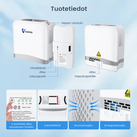 VARON VP-8 Lite kannettava happirikastin – 2 kg, pulssihappi 1–7 tasoa, kotiin ja matkalle