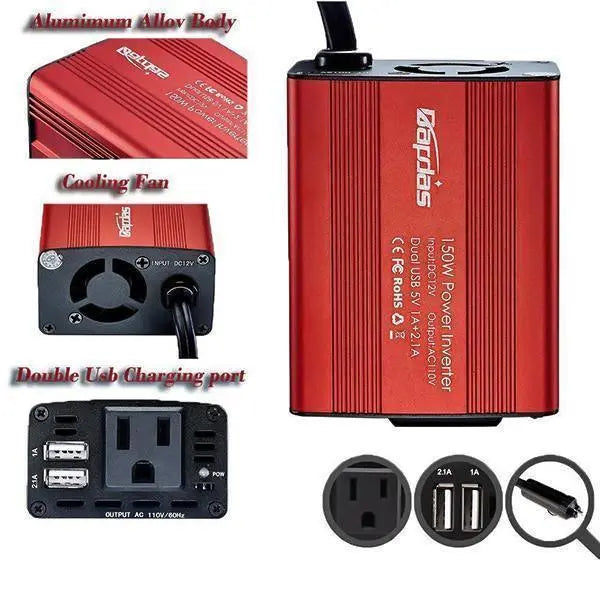150 W:n auton invertteri, kaksi USB 3.1 A -liitäntää, 12 V – 110 V/220 V -muunnin