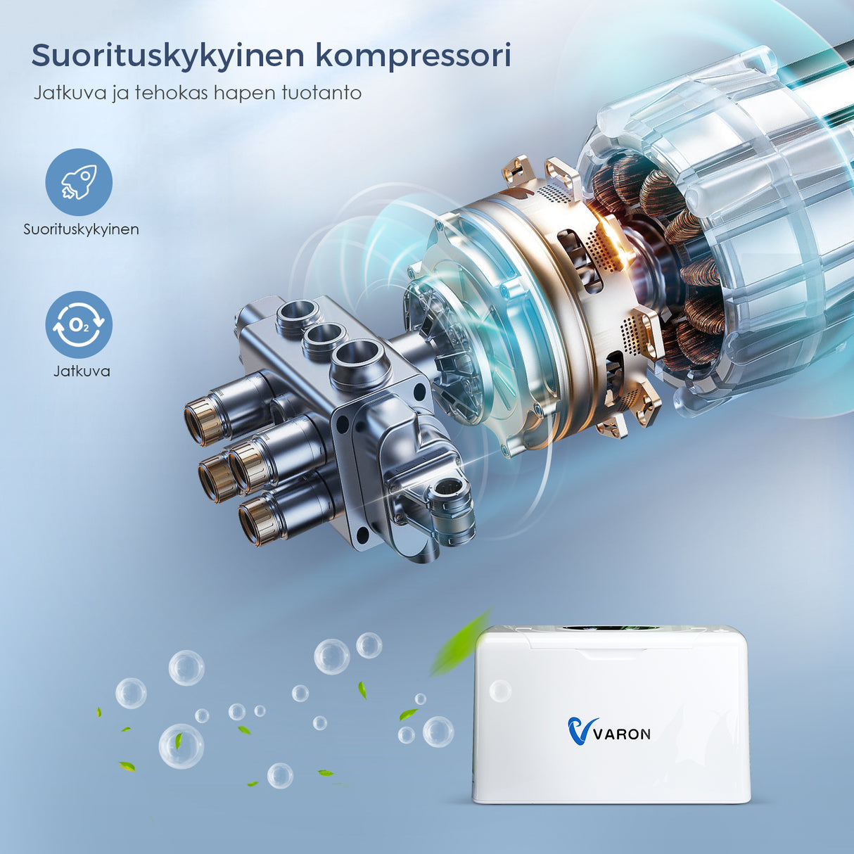 VARON VL-2 Light 3 l/min jatkuvatoiminen kannettava happikonsentraattori, CE-hyväksytty
