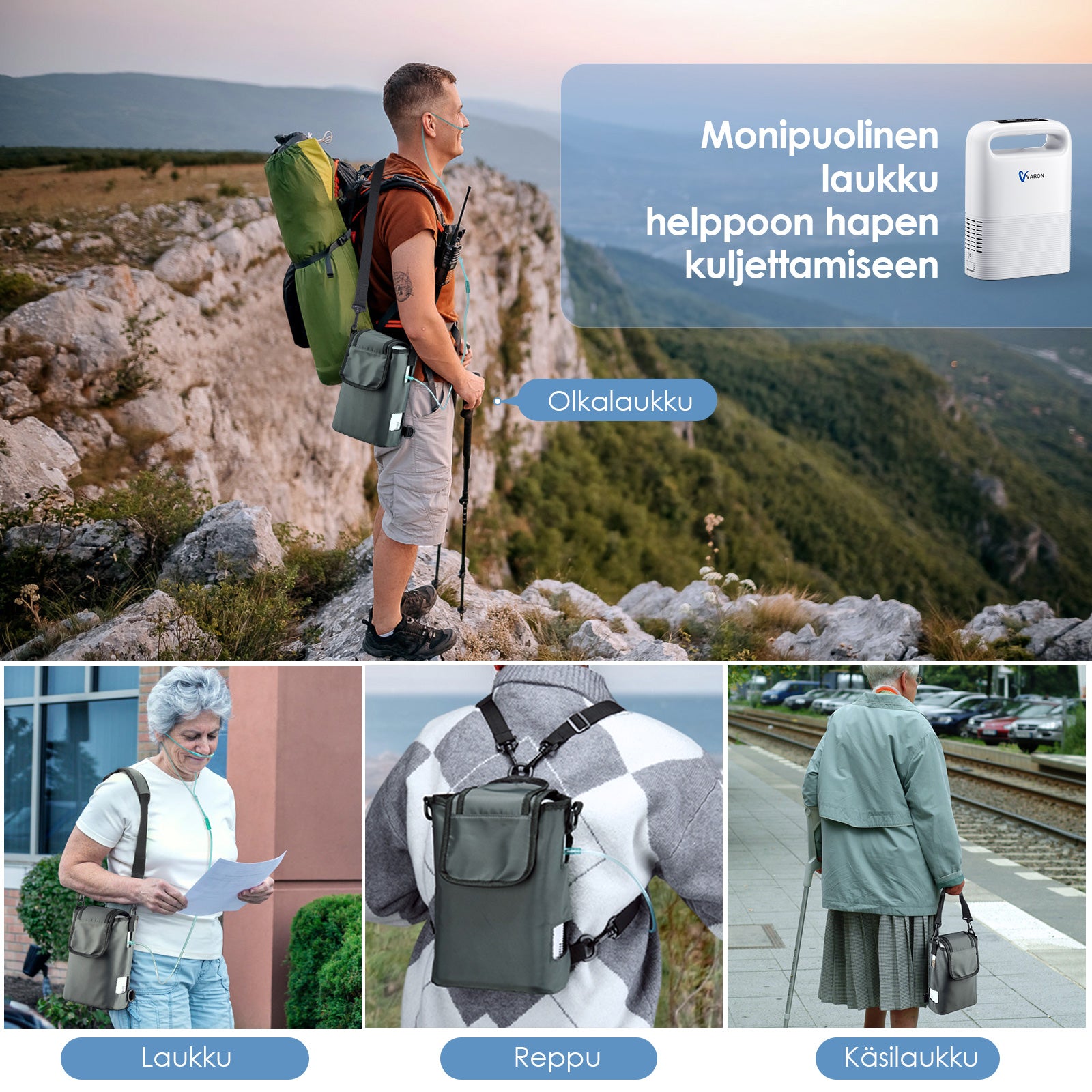 VARON Bärbar syrgaskoncentrator VP-2 | 24 timmars kontinuerlig användning, lång batteritid, lätt och resevänlig, CE-godkänd 