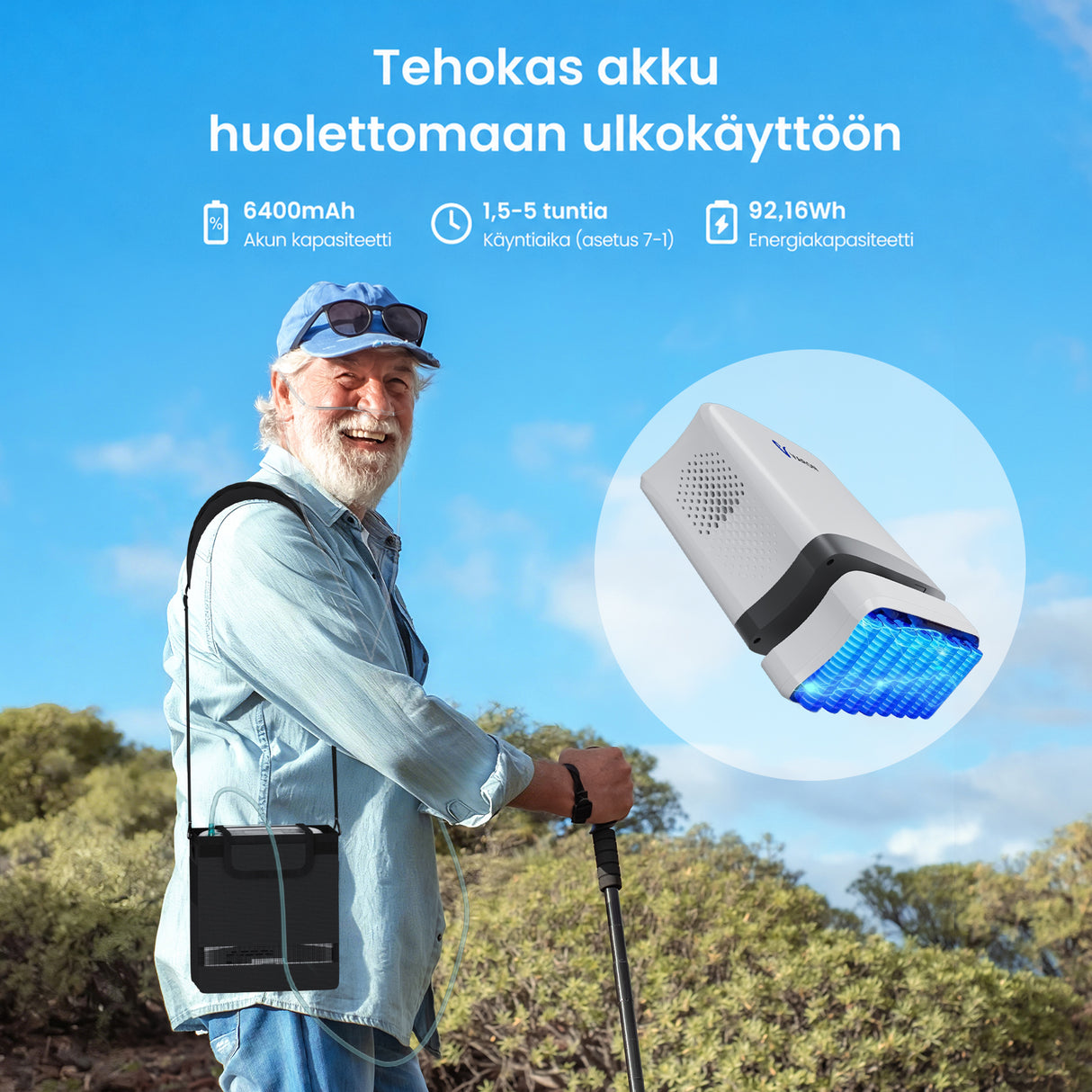 VARON VP-8 Lite kannettava happirikastin – 2 kg, pulssihappi 1–7 tasoa, kotiin ja matkalle