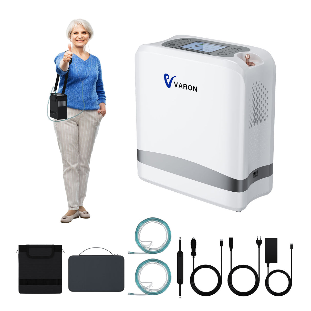 VARON VP-8 Lite kannettava happirikastin – 2 kg, pulssihappi 1–7 tasoa, kotiin ja matkalle